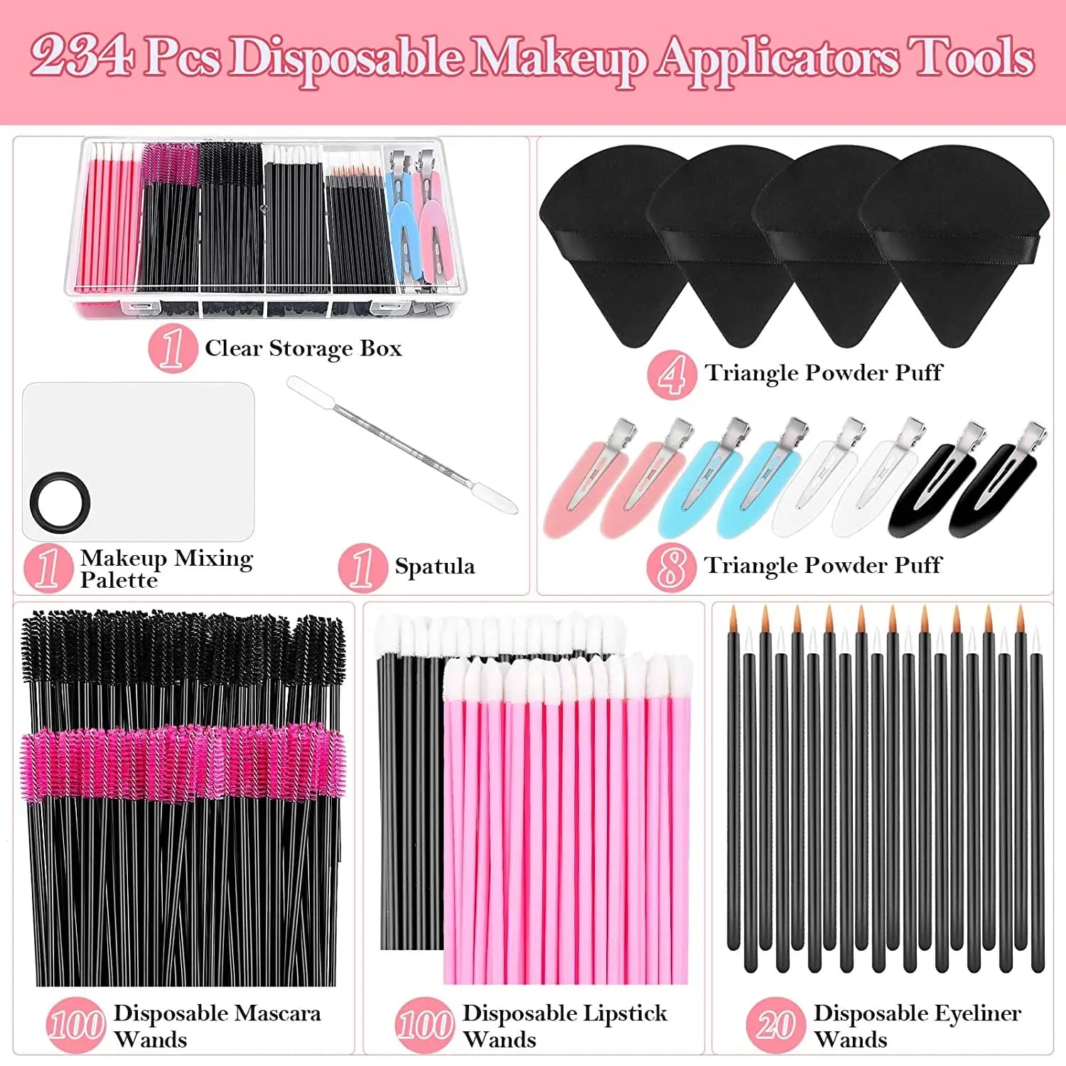 Makeup Applicators Kit Triangle Makeup Puff Mixing Palette Eyeline Mascara Wands Lip Brushes Hair Clips Powder Puffs for Face