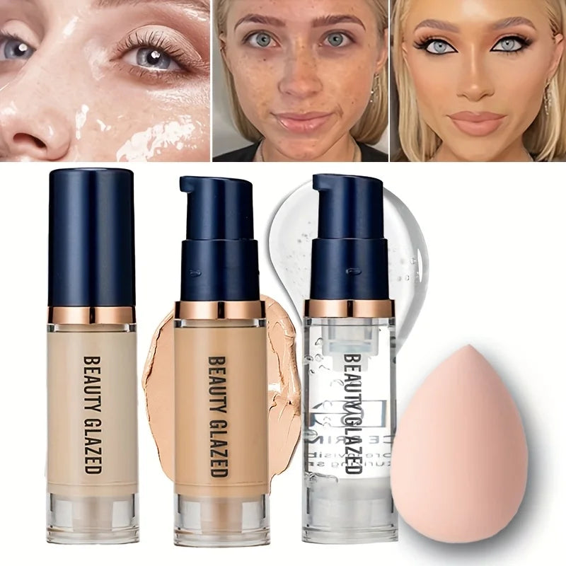 BEAUTY GLAZED 3Pcs Face Makeup Set,Matte Long lasting Waterproof Liquid Foundation+Primer+Puff